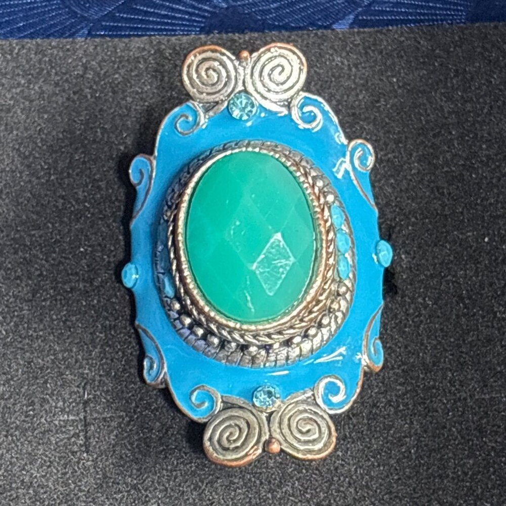 Handcrafted Bohemian Adjustable Ring With Turquoise Gem & Ornate‎ Bronze Design
